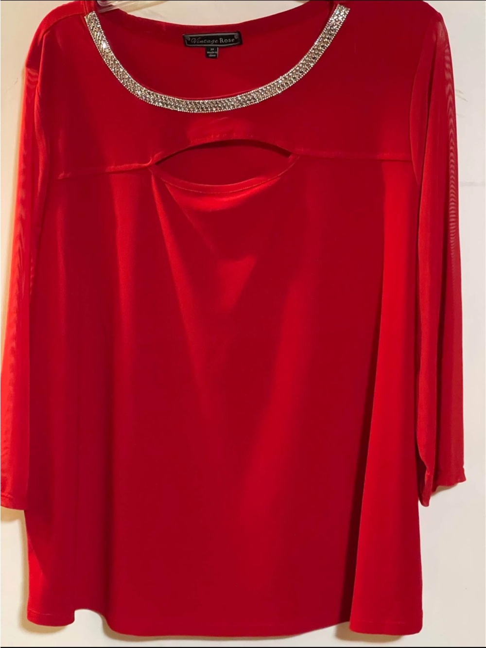 Vintage Rose Red Long-Sleeve Embellished Neck Tee